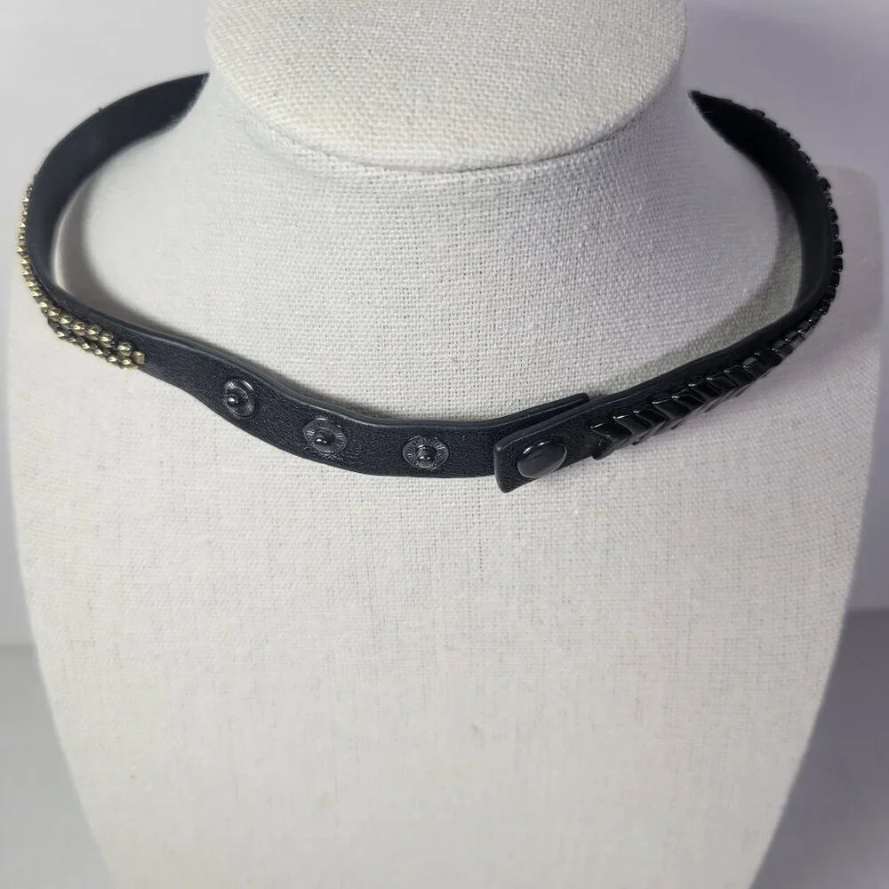 Stella & Dot Black Adjustable Faux Leather Gold Beaded Choker Necklace